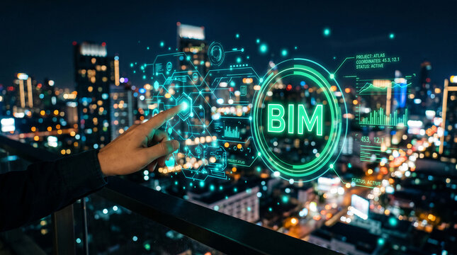 Hand interacting with a futuristic BIM interface overlayed on a city skyline at night, symbolizing digital construction and urban planning