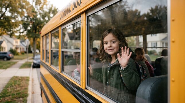 Happy Young Girl Waving Goodbye from a School Bus in a Residential Neighborhood