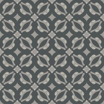 Geometric pattern with repeating gray circular motifs. Design features abstract leaf-like shapes in soft tones. Pattern has a subtle, textured, vintage aesthetic. Suitable for backgrounds, fabric