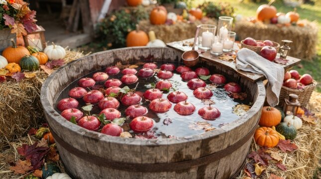 Autumn harvest bobbing for apples in a rustic wooden barrel with pumpkins and hay bales