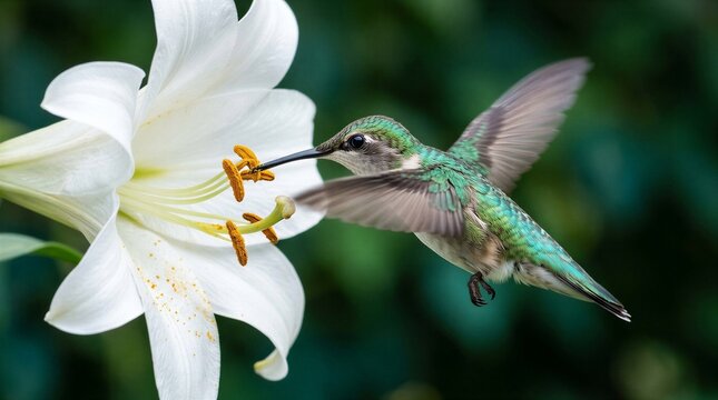 Hummingbird feeding from white lily with green iridescent feathers and blurred garden background