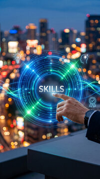 Abstract digital interface with "SKILLS" text and icons, hand interacting, city lights background, symbolizing career growth and development.