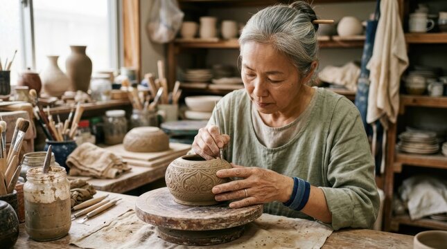 Elderly Asian woman meticulously carving intricate patterns into a clay pot