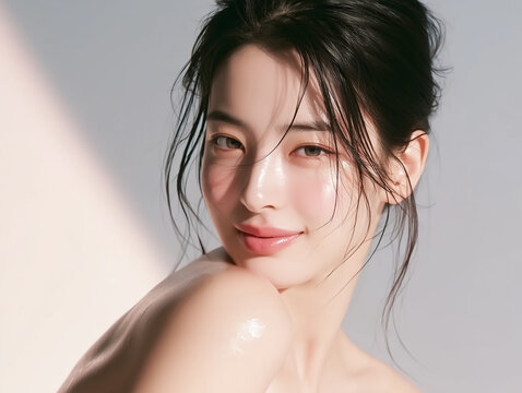 Beautiful Korean female model with clear skin. For skincare, cosmetics, and beauty care advertisements.