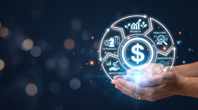 Digital concept of business growth, strategy, investment, and innovation displayed on a circular diagram held in hands, symbolizing financial progress.