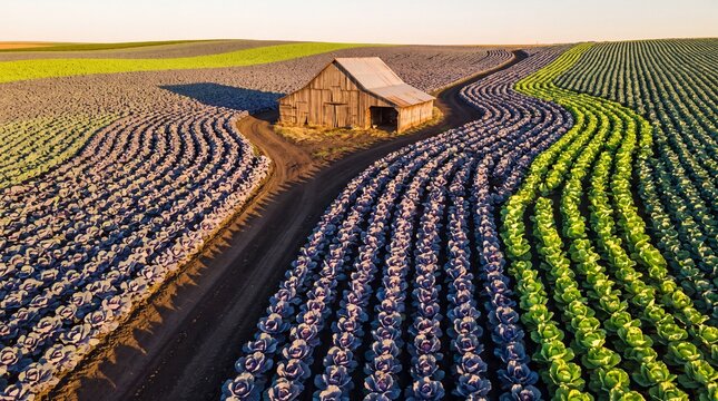 Purple and Green Cabbage Patch with Rustic Barn