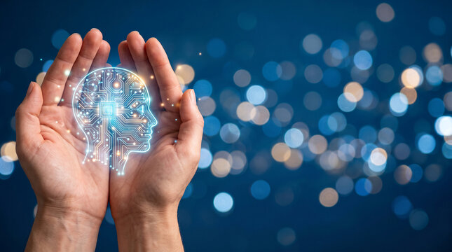 Hands cradle a glowing human head profile composed of circuitry, symbolizing artificial intelligence and technological advancement, perfect for innovation concepts