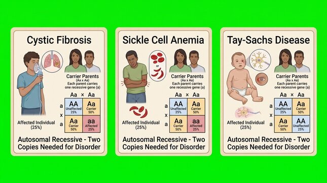 Educational cards explaining autosomal recessive genetic disorders