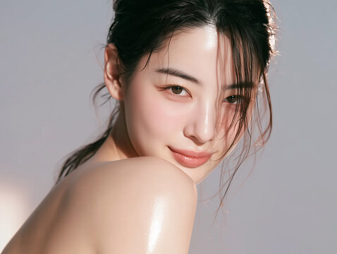 Beautiful Korean female model with clear skin. For skincare, cosmetics, and beauty care advertisements.