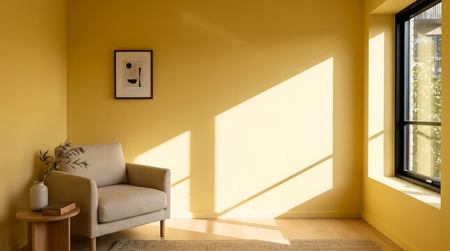 Sunlight streaming through a window illuminates a cozy yellow room