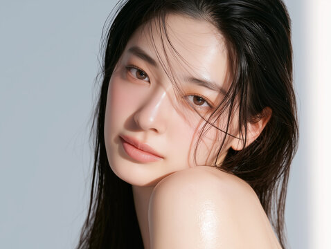 Beautiful Korean female model with clear skin. For skincare, cosmetics, and beauty care advertisements.