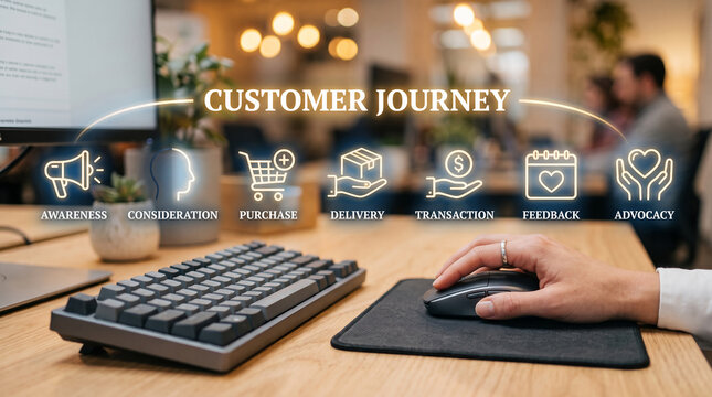 Customer journey stages visualized with icons on a desk, representing business process, marketing, and customer relationship management