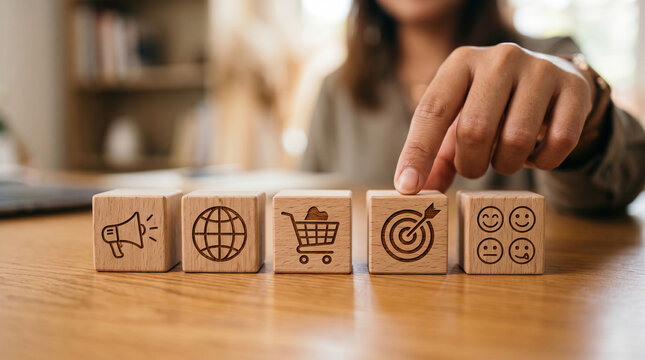 Wooden blocks with icons of marketing, global reach, shopping, target, and emotions, representing business strategy and customer engagement.
