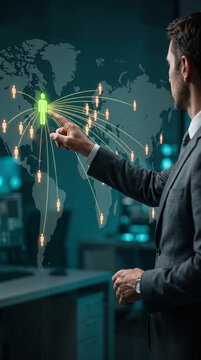 Man in suit interacting with global network of people icons on world map display, symbolizing connectivity, business, and global reach
