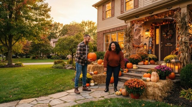 Couple decorating house with pumpkins for Halloween and autumn harvest season