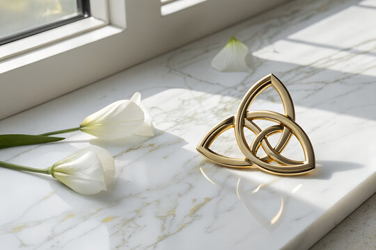 Golden triquetra celtic knot ornament on marble background with triquetra