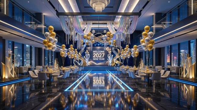 Elegant New Year's Eve celebration with balloons and city skyline view
