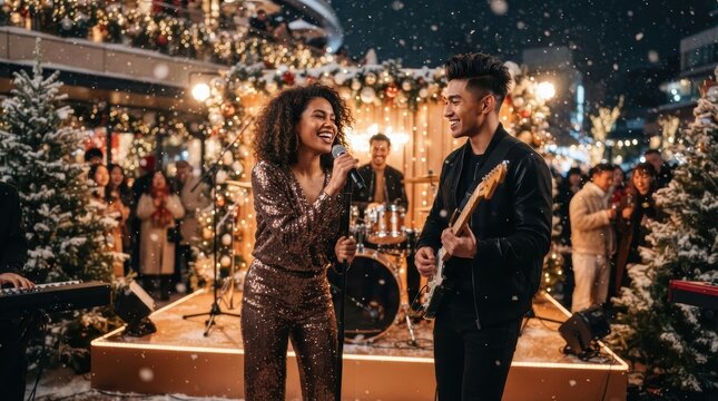 Diverse band performs festive holiday music outdoors in snowy winter setting