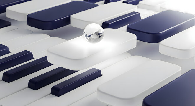 Diagonal close up 3D view of blue and white piano keyboard with glass ball