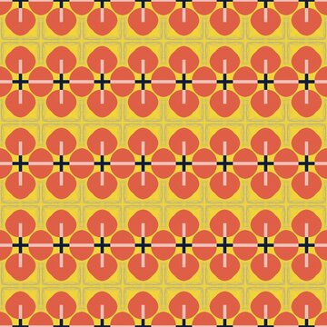 Vibrant geometric pattern repeats across a bold yellow background. Red-orange petals form symmetrical, stylized floral shapes. Black and pale pink lines cross through each petal design