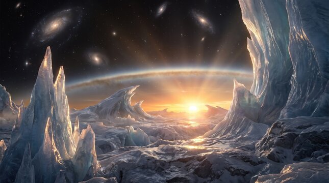 A brilliant sunrise over a frozen alien world, revealing glowing cosmic rings and dramatic icy mountain peaks in an epic space art background.