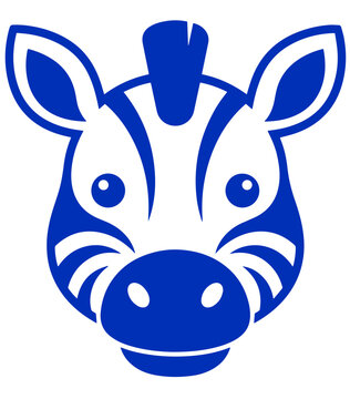 Zebra head silhouette icon blue monochromatic graphic element for children book illustration and zoo logo design.