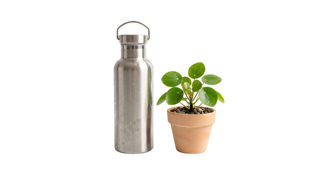 Reusable stainless steel water bottle with small potted pilea plant, eco-friendly lifestyle concept on white background, sustainable metal flask