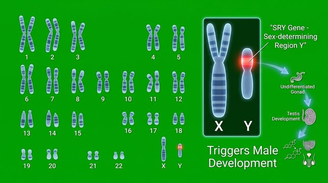 Human Karyotype Chart Showing XY Chromosomes and SRY Gene Function
