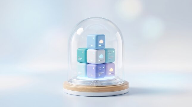 Cybersecurity Protection for Everyday Digital Life Transparent dome enclosing pastel-colored cubes with tech and cloud icons on a light background