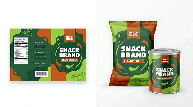 Modern snack packaging design set, green and orange food pouch and tin can mockup, abstract brand identity template