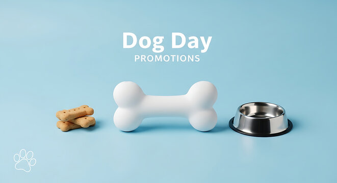 Minimalist pet supplies arrangement featuring dog bone toy treats and metal bowl on blue background with essentials