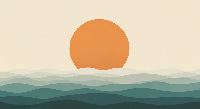 Minimalist orange sun rising over layered ocean waves