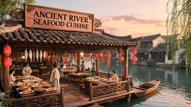 Ancient Chinese riverside seafood restaurant in water town, men and women in Hanfu enjoying river crab and seafood feast at dusk, traditional wooden pavilion with red lanterns, willow trees and ancien