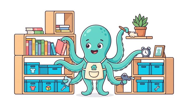 Happy octopus character doing household chores and organizing, a multitasking domestic illustration
