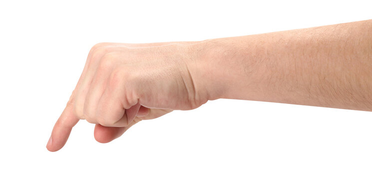 Male hand pointing downward with index finger, isolated on transparent cutout background