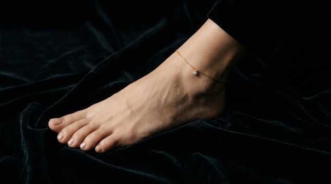 Close up of a barefoot woman's ankle adorned with a delicate gold anklet on a dark velvet background