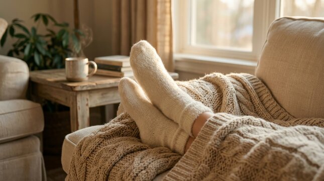 Warm socks and a soft blanket create a cozy atmosphere for indoor relaxation by a sunlit window