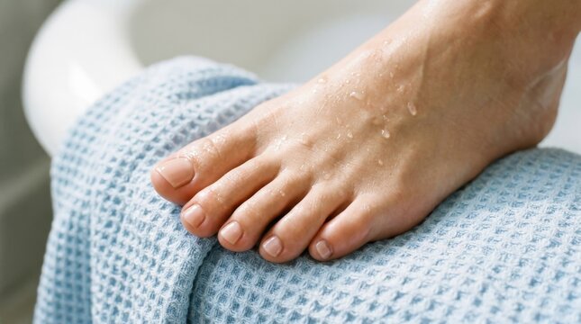Detailed view of a foot resting on a plush towel with droplets of water after enjoying a soothing bath experience
