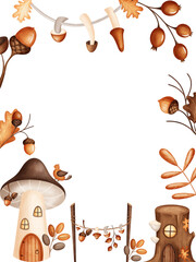Frame stump house, mushrooms, oak leaves, acorns, berries hand drawn in children's style on isolated background. Template for holiday postcards posters, packaging © Evgeniia