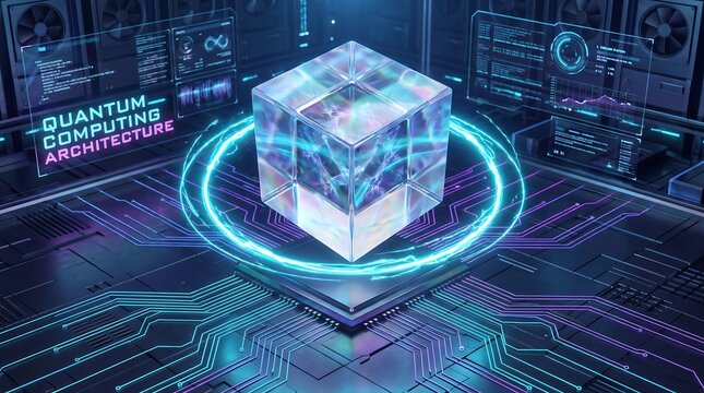 Floating crystal cube with rotating neon energy ring on dark metal grid, idea for quantum computing, AI core engine, futuristic hardware