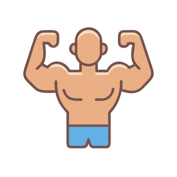 Strong man flexing biceps icon on black background