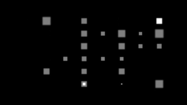 Abstract digital background featuring a dynamic grid of flickering, scaling grey and white pixel squares on a black backdrop with alpha channel transparency.