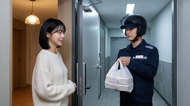 배달원과 문 앞에서 마주 선 여성 &middot; Woman Facing a Rider at the Doorway