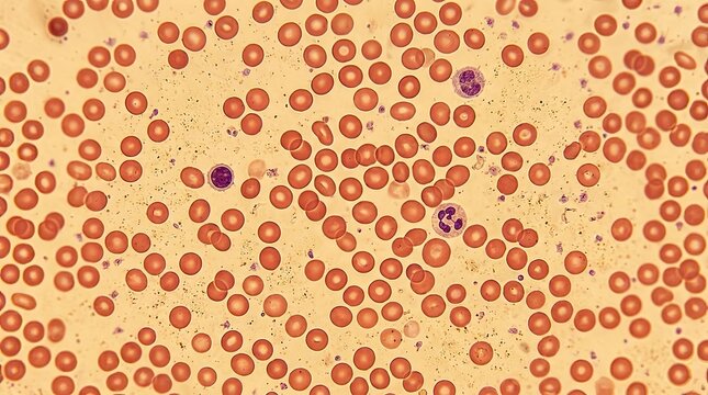 The image shows a stained blood smear containing red blood cells. Several red blood cells are visible, displaying a biconcave disc shape.