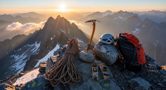 A mountaineer rests atop a rugged mountain peak, surrounded by a breathtaking panorama of distant peaks and a golden sunrise.