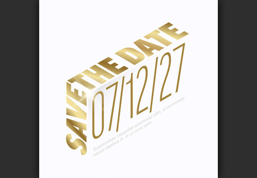 Isometric Save the Date Editable Invitation Card with Golden Text and Date