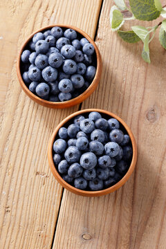 木目テーブルに置かれたボウルに入ったブルーベリー　Blueberries in a bowl on a wooden table