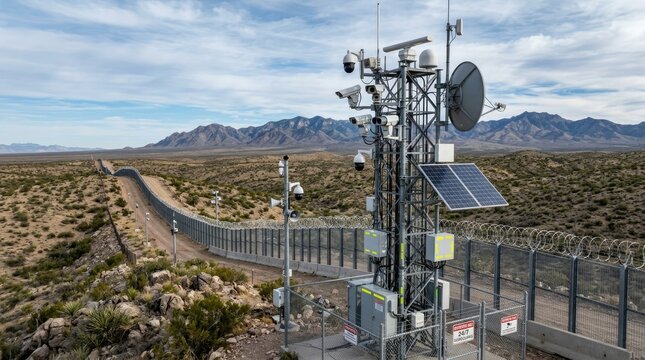 A tall, metal surveillance tower stands in a desert landscape. The tower is equipped with multiple cameras, a satellite dish, solar panels, and weather sensors.
