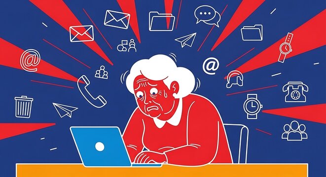Overwhelmed woman stressed by digital communication overload