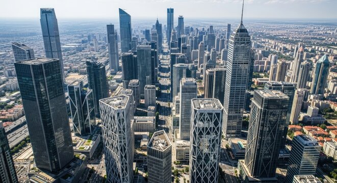 An aerial photograph captures a sprawling cityscape dominated by numerous towering skyscrapers. The buildings exhibit a modern architectural style with intricate geometric patterns and glass facades.